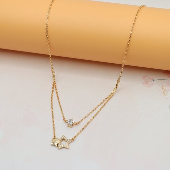 "Double-Layered Rose Gold Necklace with Sparkling Star Charms, XPNL0152 - Picture 10 of 14